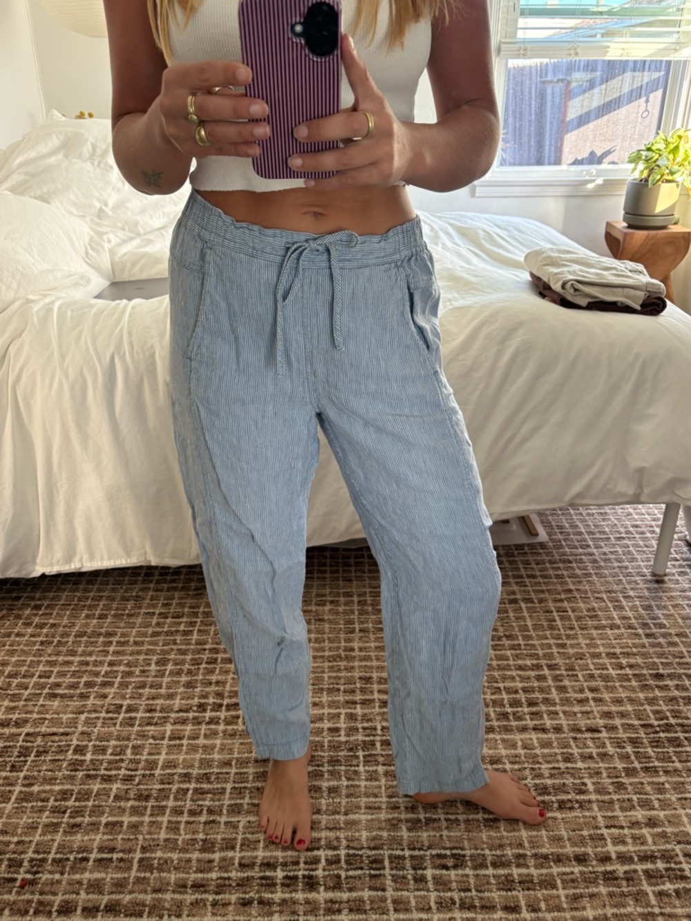 Orvis 100% linen pants blue and white striped